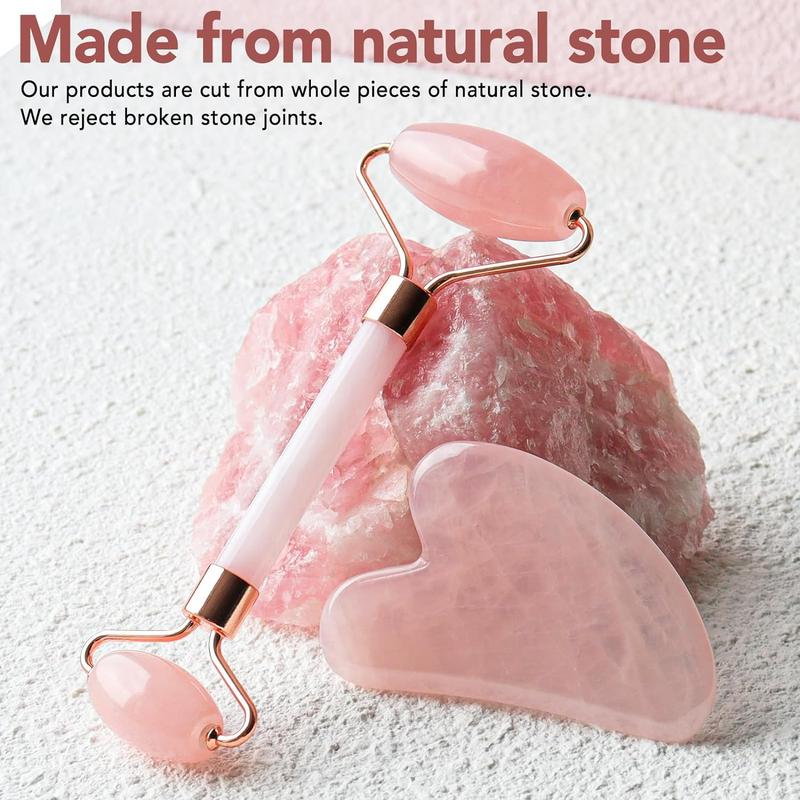 Face Massager Rose Quartz Face Roller & Gua Sha Facial Tool Set, Lymphatic Drainage Massage Tool for Self Care, Muscle Tension Relief, Skin Care Gift for Men Woman Crystal Jade