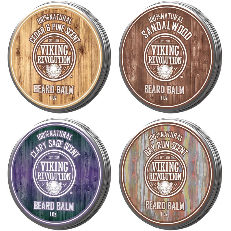 Viking Revolution 4 Beard Balm Variety Pack (1oz Each)- Sandalwood, Pine & Cedar, Bay Rum, Clary Sage - Beard Butter Styles, Strengthens and Softens Beards and Mustaches - Beard Wax for Men