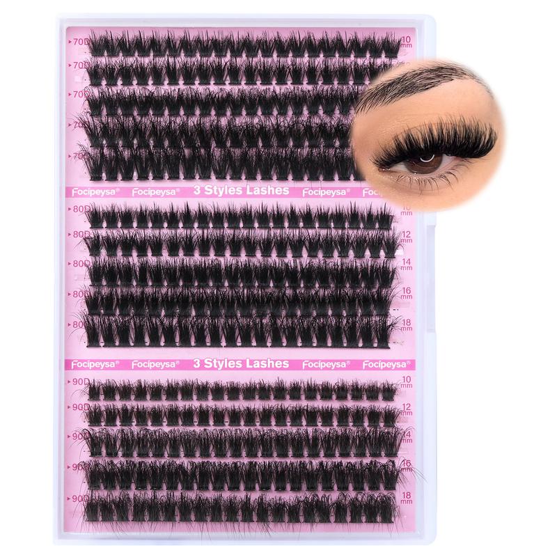 Focipeysa 3 Styles Lash Clusters Fluffy Volume Lash Extension Wispy Eyelash Clusters 70P 80P 90P Clusters Lash DIY Eyelash Extension Kit with Lash Bond and Seal Lash Applicator for Beginners D Curl Lash Extensions (D-10-18MM-02A)