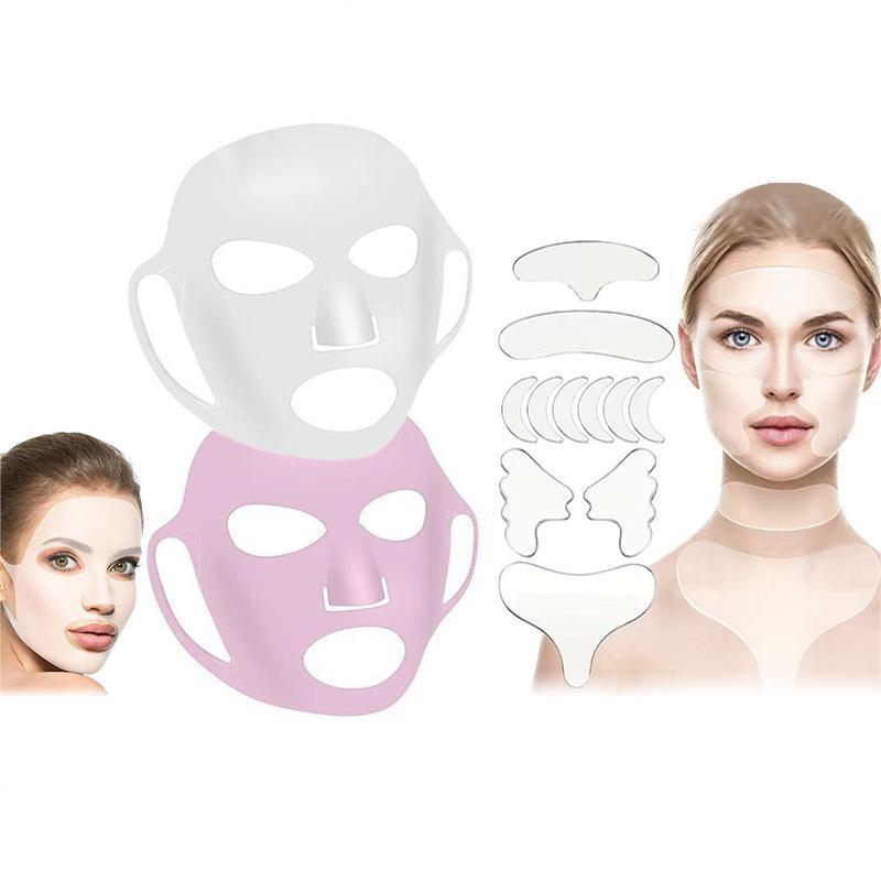 3D Silicone Face Mask Set, Including 11pcs Waterproof Face Lifting Patches & 2 Counts Facial Mask Shield, Professional Reusable Skin Care Tools for Women