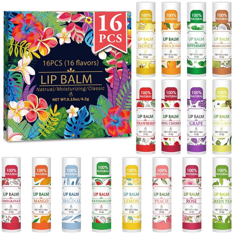 32 Pack Lip Balm, Natural Lip Balm Bulk with Vitamin E and Coconut Oil, Hydrating Lip Balm Dry Lips, Bulk Lip Balm Stocking Stuffers - 16 Flavors