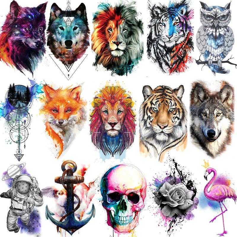 Colorful Animal Mixed Style Pattern Temporary Tattoo Sticker, 15pcs set Waterproof Fake Tattoo Sticker, Body Art Sticker for Adults Arm Hands Neck