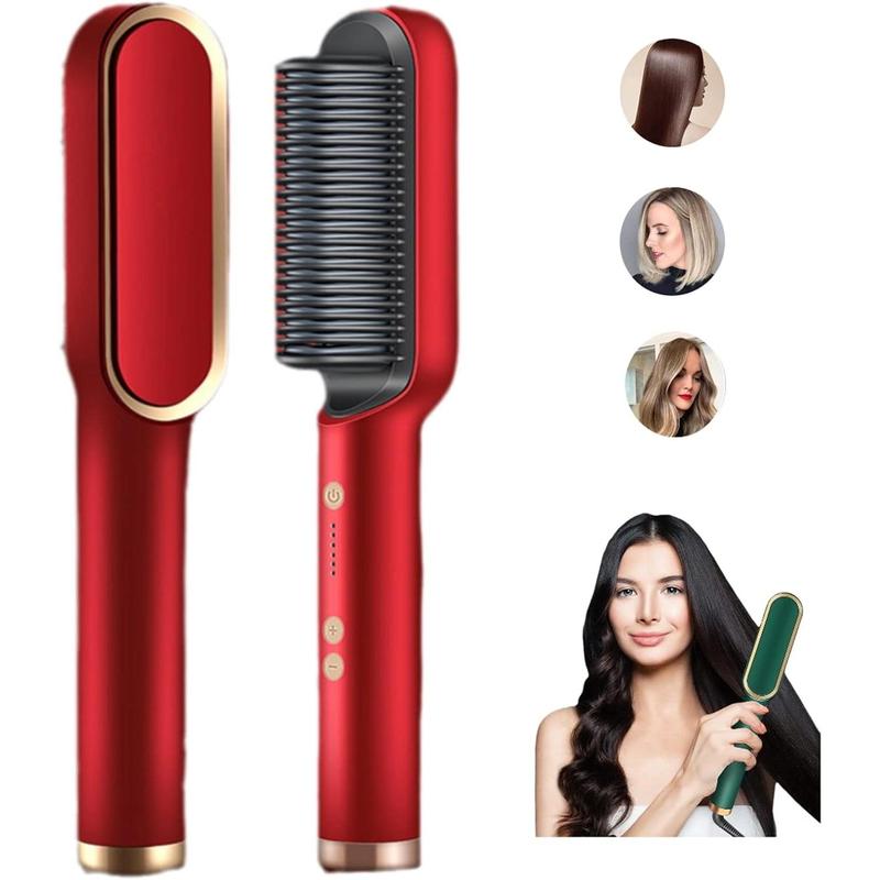 2023 New Negative Ion Hair Straightener with 5 Temp, 2 in 1 Brush and Curler, Portable Electric Straightening Heated Styling Comb 10s Fast Heating Anti-Scald (Black) Smooth Comfort beauty electricity