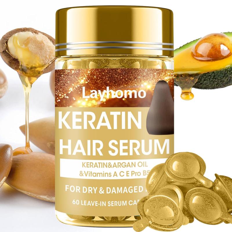 Keratin hair treatment serum, 60 capsules hair treatment oil for dry damaged hair, hair oil with keratin, argan oil-leave-in anti frizz conditioner with vitamins A, C, E & B5-no rinse for hair types