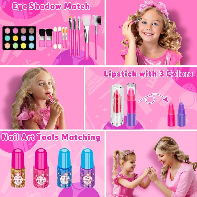 Christmas Gift & Birthday Gift 58 Pcs Kids Makeup Kit for Girl, Princess Toys Real Washable Cosmetic Set with Mirror, Kids Makeup Sets for Girls, Play Make Up Birthday Gifts