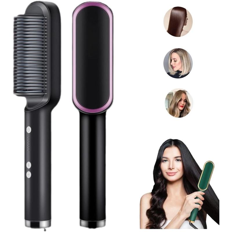 2023 New Negative Ion Hair Straightener with 5 Temp, 2 in 1 Brush and Curler, Portable Electric Straightening Heated Styling Comb 10s Fast Heating Anti-Scald (Black) Smooth Comfort beauty electricity