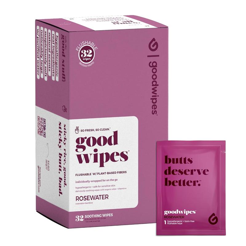 Goodwipes Flushable Wipes – Soothing Botanicals & Aloe – Soft, Feminine Wipes for On-the-Go - Rosewater, 1 pack, 32 count Chamomile Cleansing