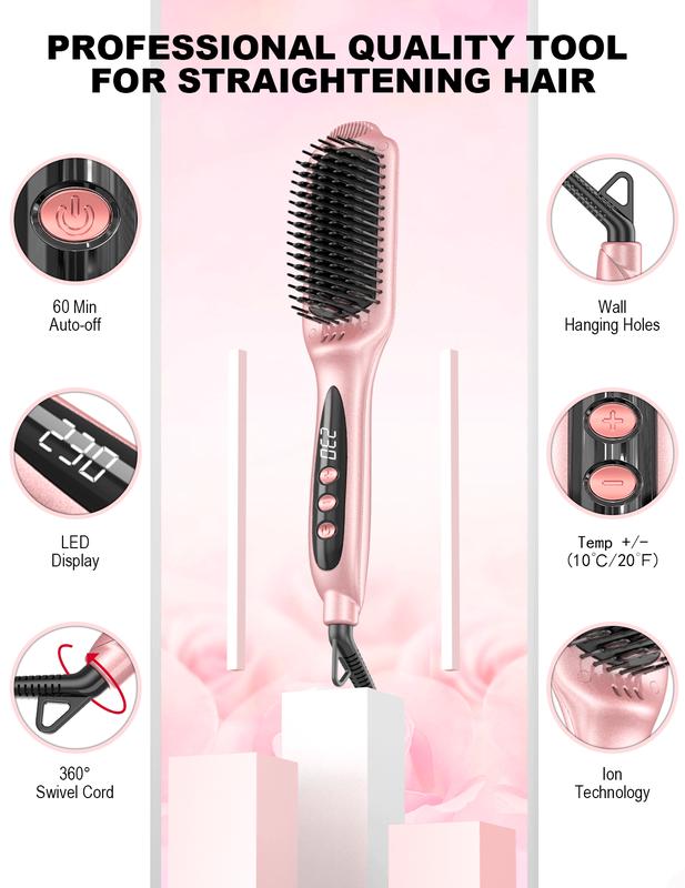 Heated Hair Straightener Brush - Negative Ion Ceramic Flat Iron Brush for Quick & Smooth Frizz-Free Hair | Dual Voltage Salon Comfort