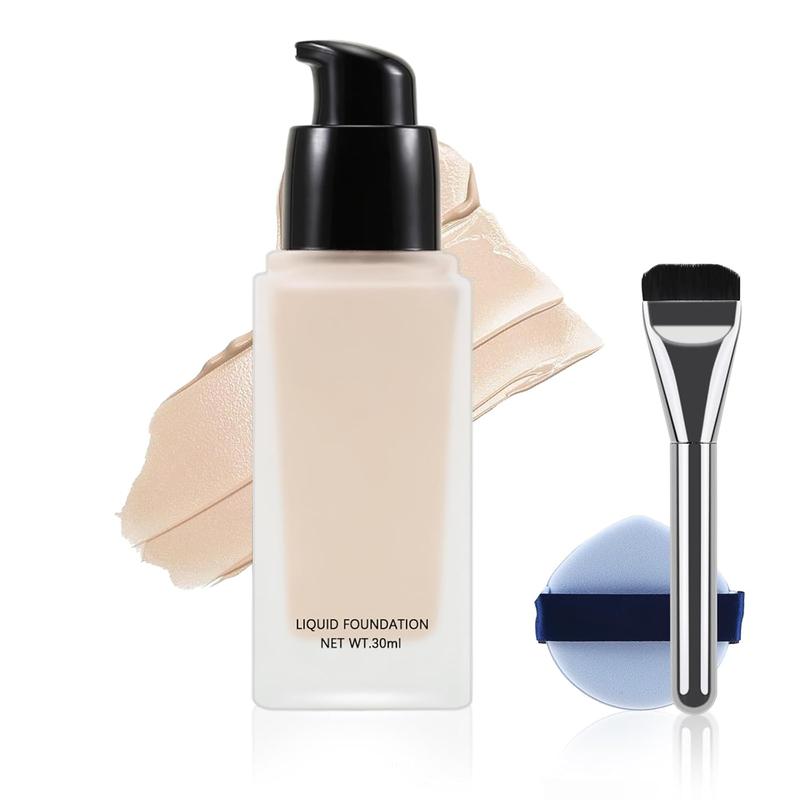 3Packs Liquid Foundation Set,Full Coverage Concealer Foundation,Hydrating Foundation with Brush,24Hr Wear,Lightweight Flawless Makeup