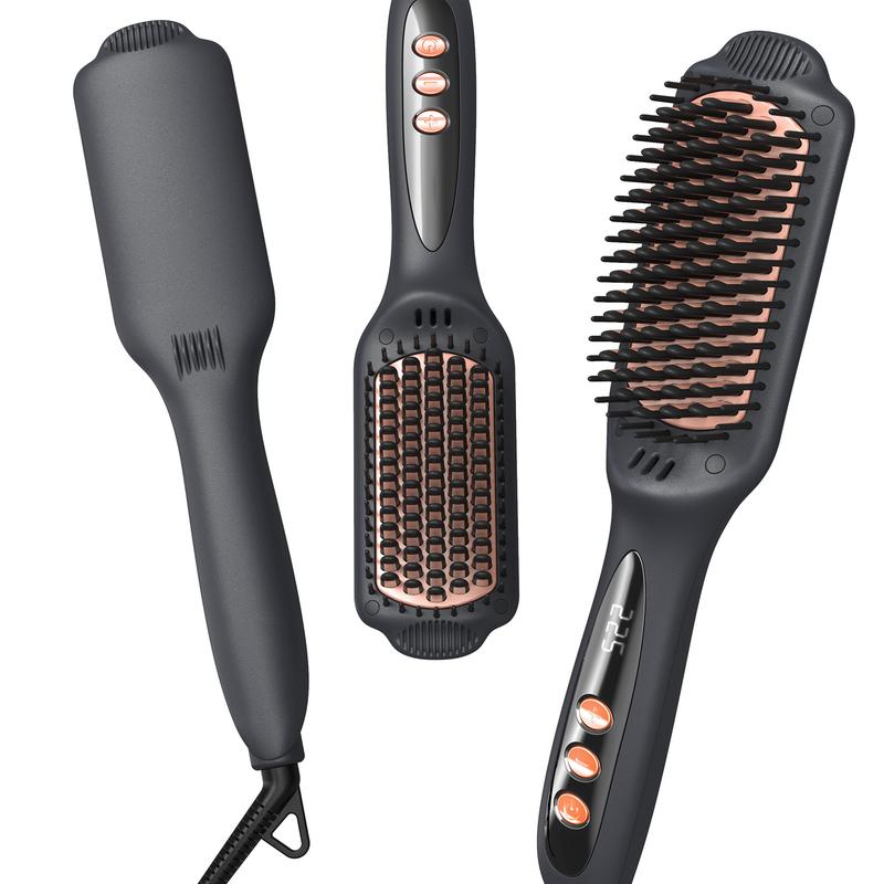 Heated Hair Straightener Brush - Negative Ion Ceramic Flat Iron Brush for Quick & Smooth Frizz-Free Hair | Dual Voltage Salon Comfort