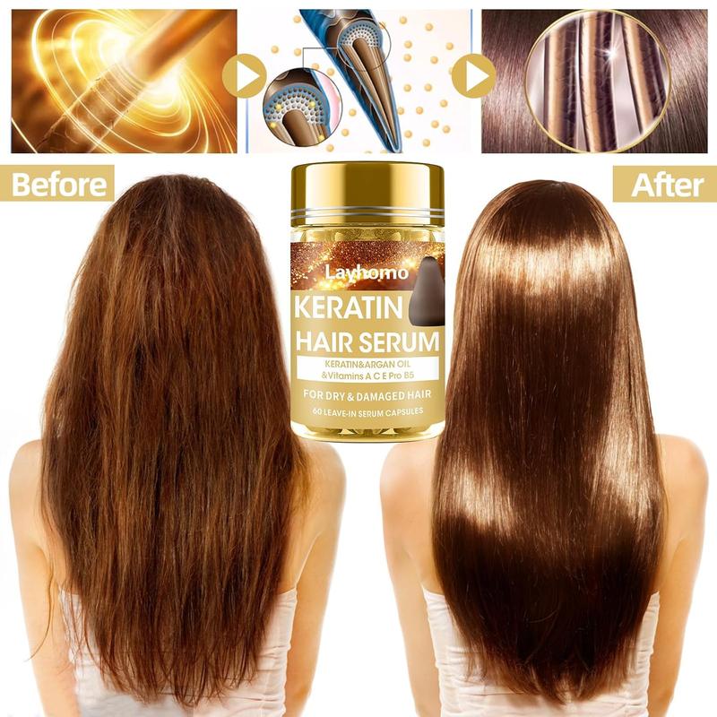 Keratin hair treatment serum, 60 capsules hair treatment oil for dry damaged hair, hair oil with keratin, argan oil-leave-in anti frizz conditioner with vitamins A, C, E & B5-no rinse for hair types