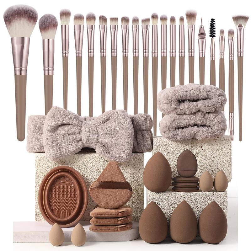 Makeup Tool, Including 20pcs Brush & 4 Sponge & 4 Mini Sponge & 4 Triangle Puff & 4 Mini Puff & 1 Brush Cleaning Tool & 1 Hairband & 2 Wristband, Christmas Gift