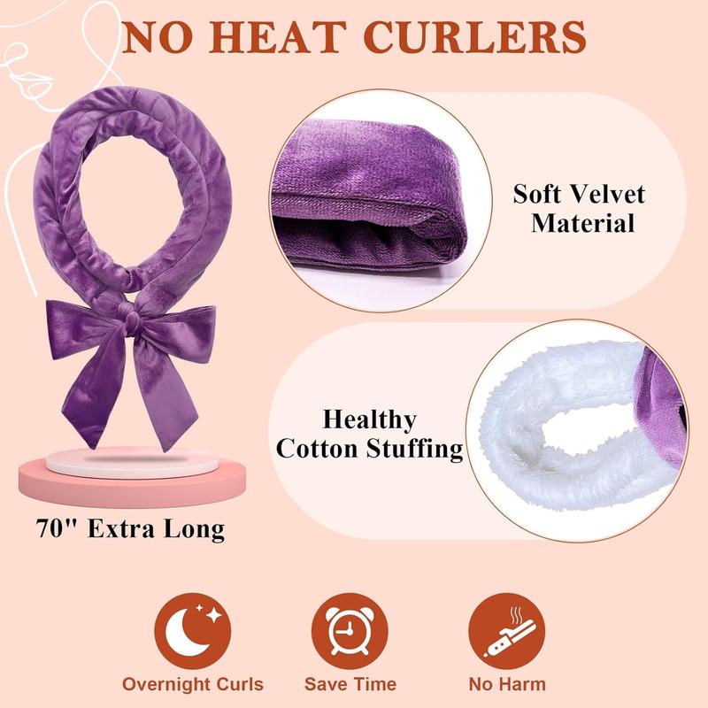 No Heat Curlers, Overnight Curls No Heat Curling Headband Soft Hair Curler Rollers to Sleep In, 70 Inches Non Heat Hair Wrap Curling Rod Ribbon for Women Long Wave Hair, 9 count Gift Set (Purple)