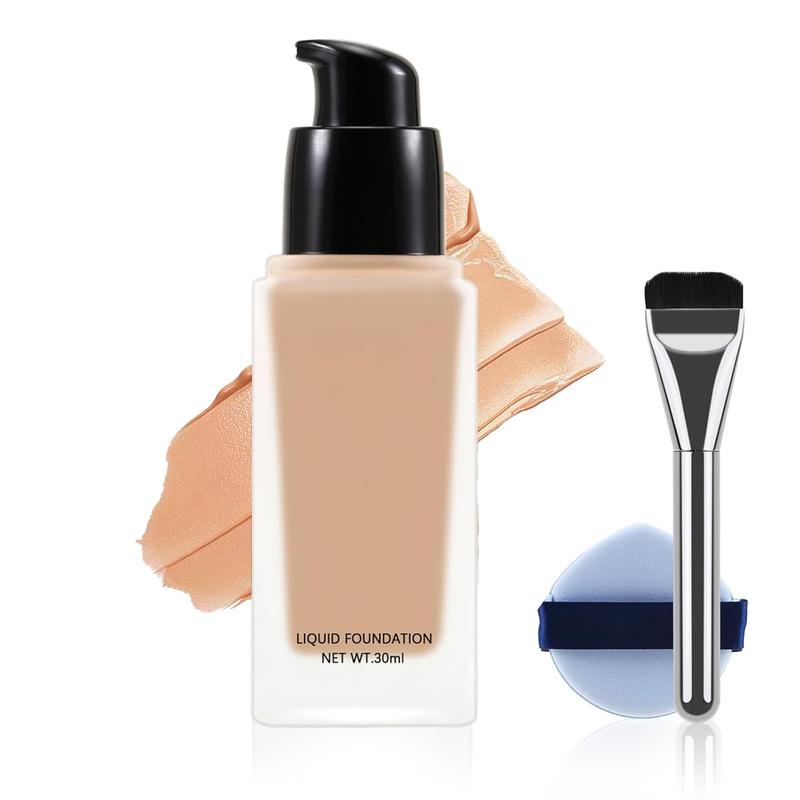 3Packs Liquid Foundation Set,Full Coverage Concealer Foundation,Hydrating Foundation with Brush,24Hr Wear,Lightweight Flawless Makeup