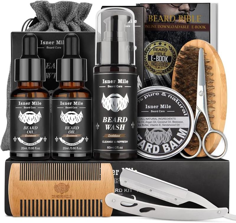 Isner Mile Beard Kit for Men, Beard Care Kit, Beard Gift Kit, Grooming & Trimming Tool Complete Set with Shampoo Wash, Beard Care Oil, Balm, Brush, Comb, Storage Bag, Beard Care Kit, Perfect Father's Day Gifts for Him Men Dad Father Boyfriend