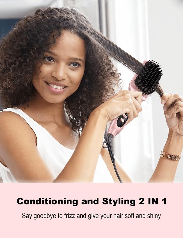 Heated Hair Straightener Brush - Negative Ion Ceramic Flat Iron Brush for Quick & Smooth Frizz-Free Hair | Dual Voltage Salon Comfort