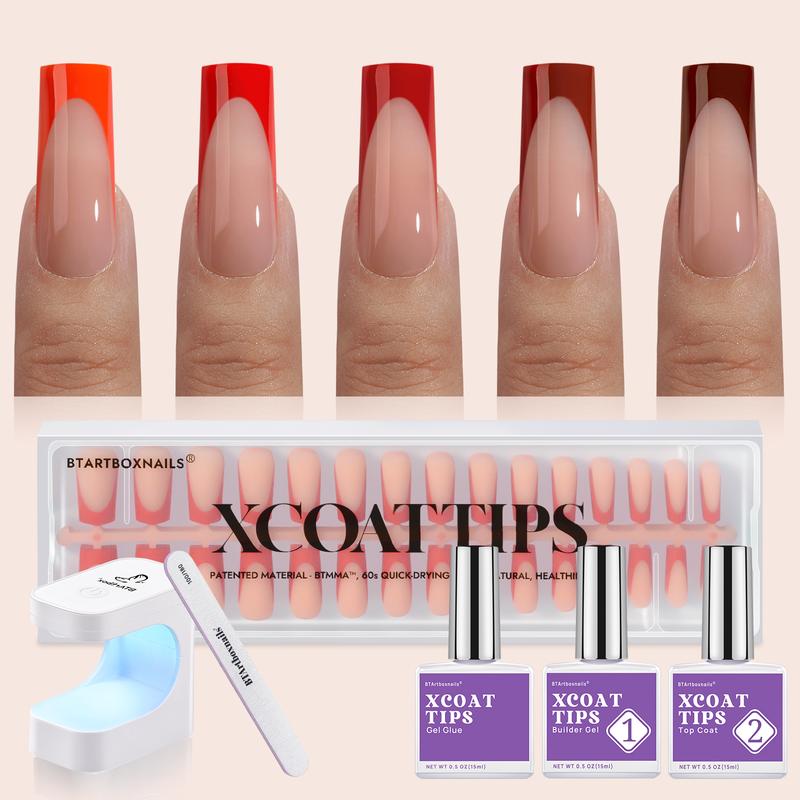 btartboxnails XCOATTIPS French Tip Press on Nails - Square or Almond Christmas Red Press On Nails ,  46.99$ long Fake Nails Kit with UV Glue, Nails Lamp, All in One Soak Off Acrylic Fake Nail Extension