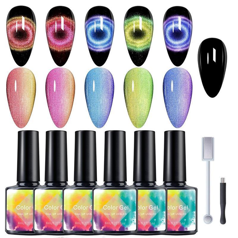 Cat Eye Gel Nail Polish Set, Including 6 Counts Cat Eye Gel and 2 Counts Magnet, Nail Art & Nail Polish for Women & Girls