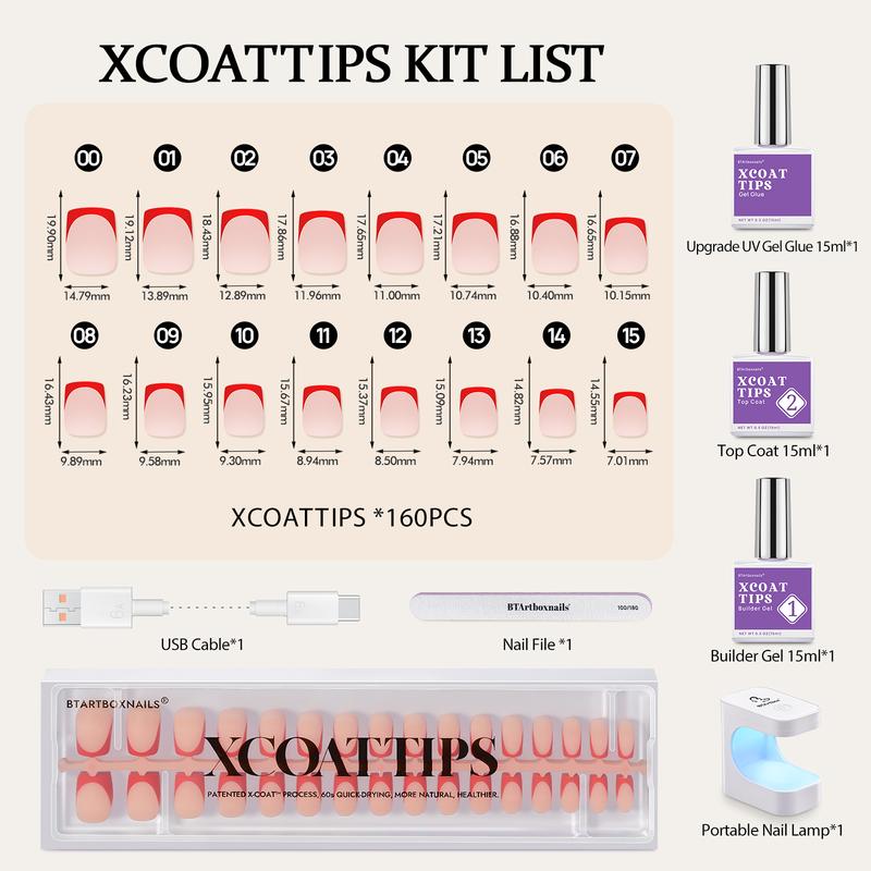 btartboxnails XCOATTIPS French Tip Press on Nails - Square or Almond Christmas Red Press On Nails , 46.99$ short Fake Nails Kit with UV Glue, Nails Lamp, All in One Soak Off Acrylic Fake Nail Extension