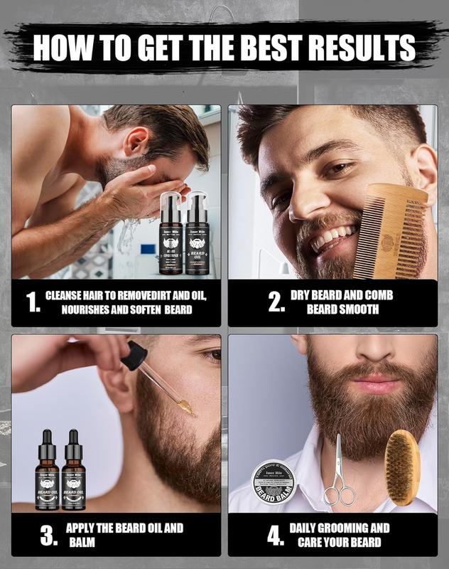 Beard Grooming Kit with 2 Pack Beard Original Oil, Beard Balm, Wash & Conditioner for After Shave Lotions-Sandalwood, Beard Brush, Combs, Valentine's Day Christmas Fathers Gifts for Dad or Men