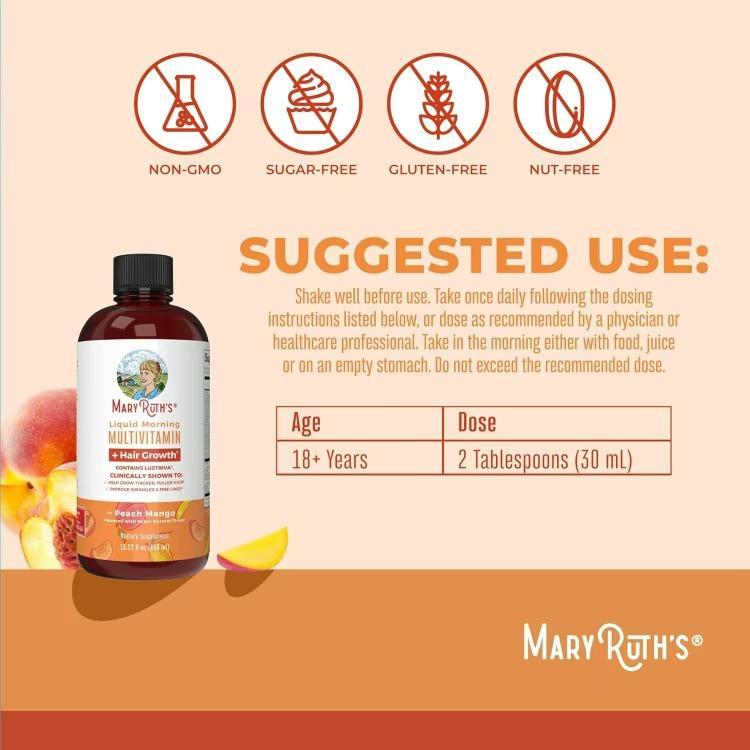 MaryRuth's LiquidMultivitamin + Hair Growth WithClinically Tested Lustriva - Thicker HairReduce Wrinkles & Fine Lines -Vegan15.22 FI Oz