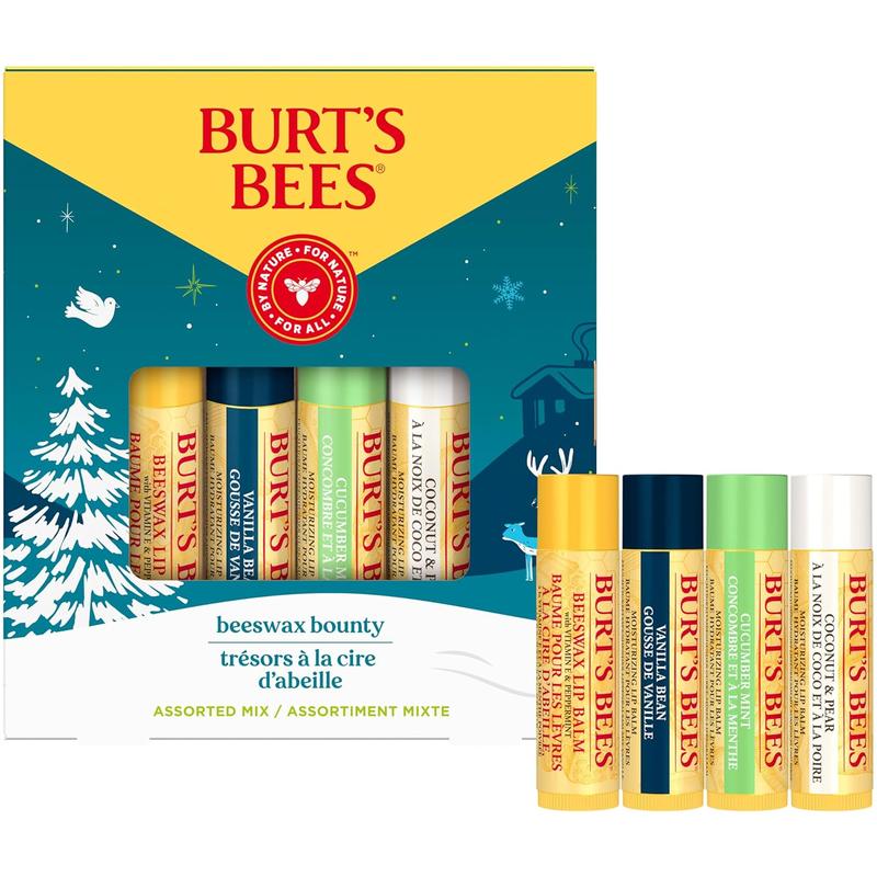 Burt's Bees Christmas Gifts, 4 Lip Balm Stocking Stuffers Products, Assorted Mix Set - Classic Beeswax, Vanilla, Cucumber Mint & Coconut and Pear (4-Pack)