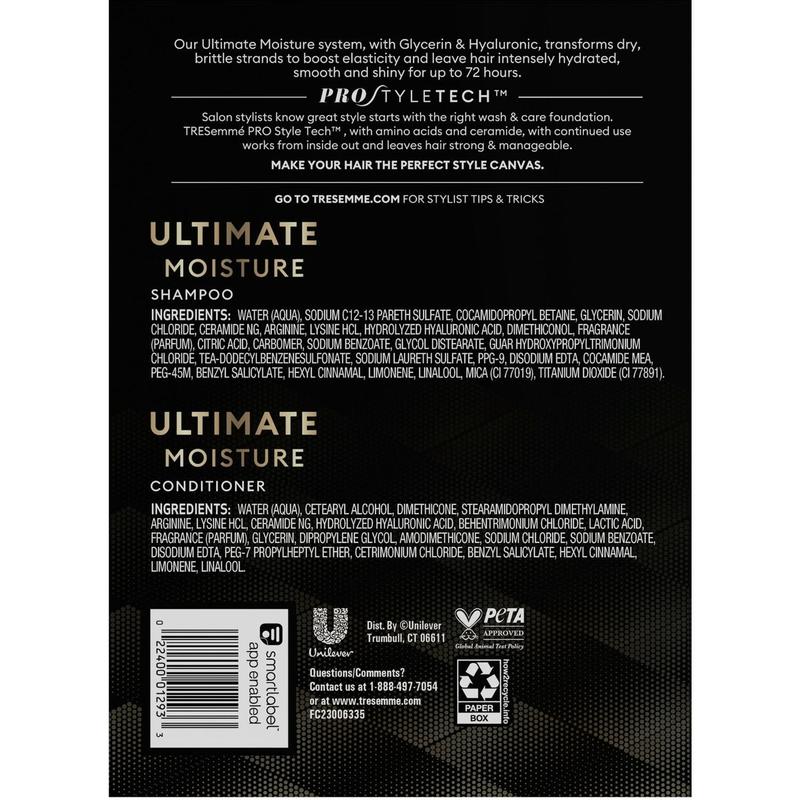 TRESemme Ultimate Moisture Shampoo and Conditioner 39 Fluid Ounce (Pack of 2) - Haircare Comfort Set Hydrating Moisturizing Glycerin Hyaluronic Salon Silky Smooth Unisex