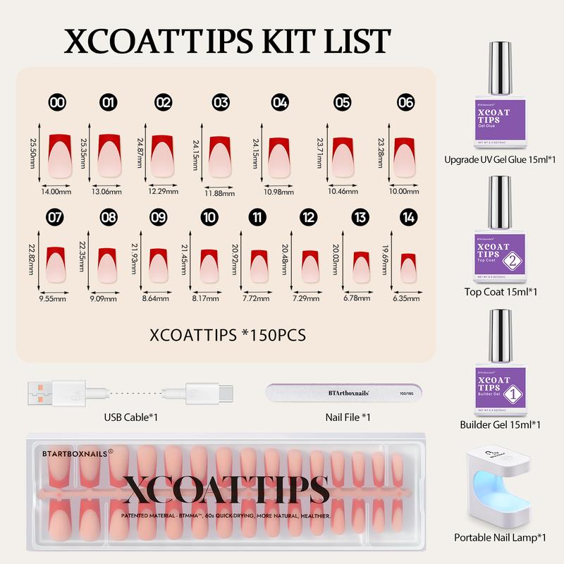 btartboxnails XCOATTIPS French Tip Press on Nails - Square or Almond Christmas Red Press On Nails ,  46.99$ long Fake Nails Kit with UV Glue, Nails Lamp, All in One Soak Off Acrylic Fake Nail Extension