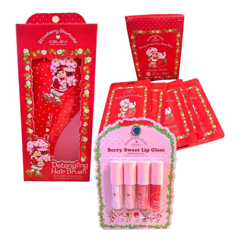 Berry Sweet Strawberry 3-pc Essential Shortcake Celavi Set!  5-pc Strawberry+Collagen Printed Sheet Masks 1-pc Detangling Hair Brush  4-pc Holiday Collection Scented Lip Gloss Set