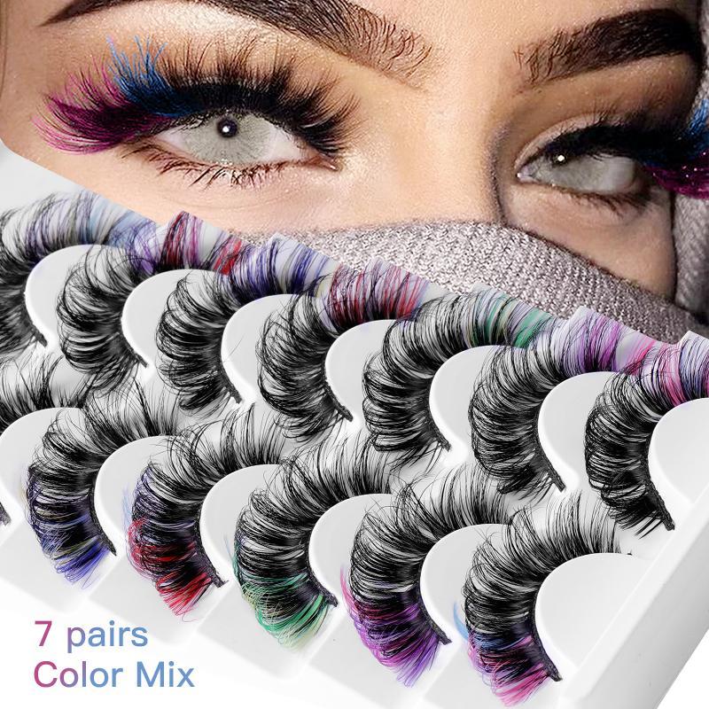 Eyelashes Extensions Kit, 3D Cat Eye Colored False Eyelashes, 7 Pairs Dramatic Eyelash Extension, Natural Fluffy Lashes for Music Festival Makeup, Summer Gift