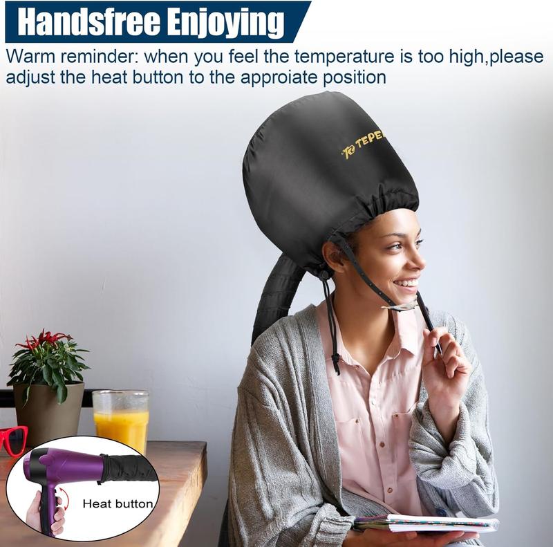 Bonnet Hair Dryer Attachment, Large - Black, Upgraded Soft Adjustable for Hand Held Hair Dryer, Fast Drying, Ideal for Natural Curly Textured Hair Care and Speeds Up Drying Time at Home