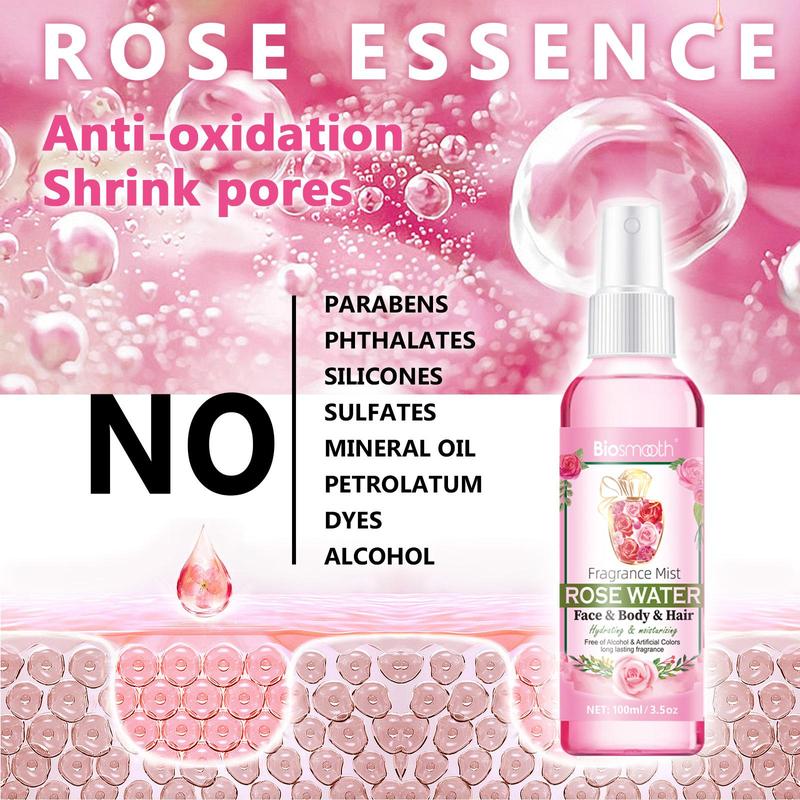 100ml Rose Water Body Mist for Dry & Damaged Skin, Gentle Rosewater Spray for Skin & Hair Use, Hydrating Facial Care Mist for Long-lasting Fragrance