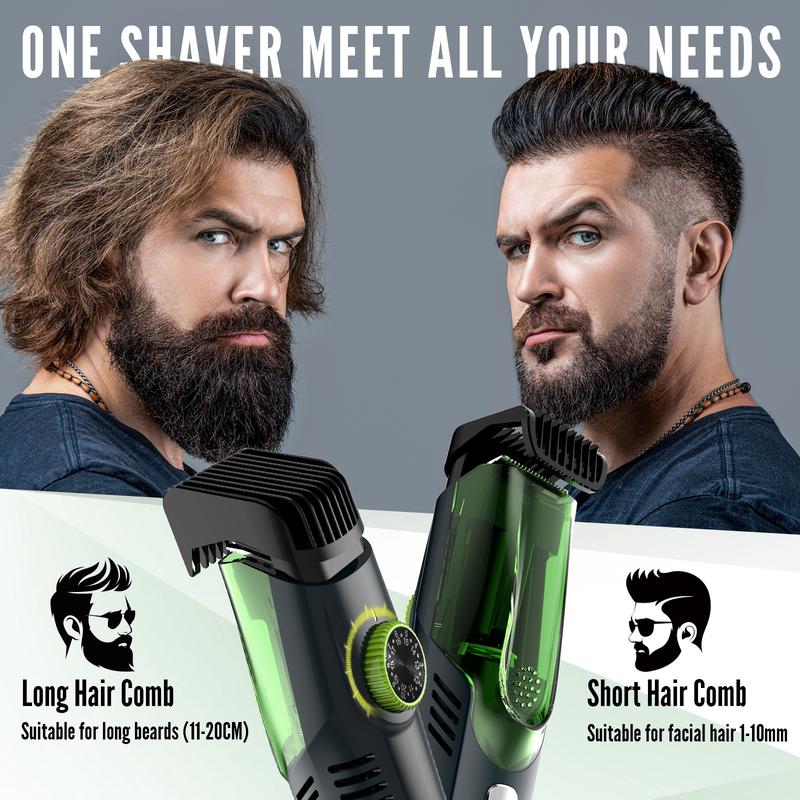 [No more beard trimmings in the sink!] Vacuum Beard Shaver for Men, Built-in Vacuum Trimmer for Mustache, Sideburns, Facial Hair, Rechargeable, IPX6 Waterproof, 2 Comb, Best gift for men!