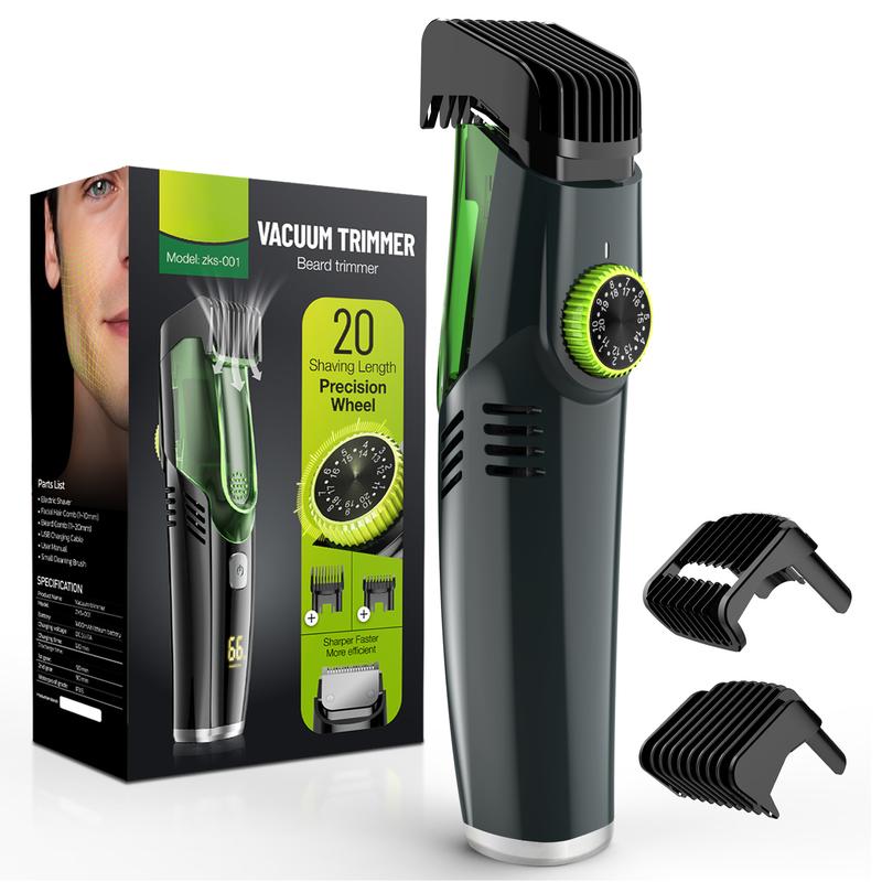 [No more beard trimmings in the sink!] Vacuum Beard Shaver for Men, Built-in Vacuum Trimmer for Mustache, Sideburns, Facial Hair, Rechargeable, IPX6 Waterproof, 2 Comb, Best gift for men!