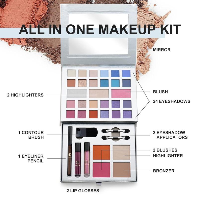 Makeup set, all-in-one makeup set for women, including 24 matte shimmer eyeshadows, high-pigment lip gloss, eyeliner, makeup brushes and mirror