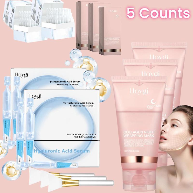 Hyaluronic Acid Hydrating Serum & Collagen Night Wrapping Mask, 5 Boxes set Facial Moisturizing and Deep Cleansing, Facial Skin Care Product for Women & Men