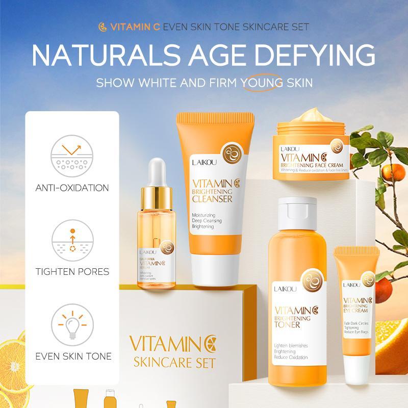 Vitamin C Skin Care Kits, Hydrating Skin Care Gift Box Set, Including Facial Cleanser, Toner, Serum, Eye Cream, Essence Cream, Skincare Product