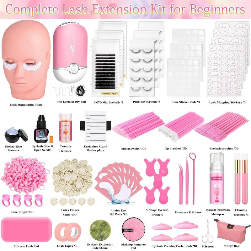 Lashes Kit for Eyelash Extension Beginners 470 count Professional Lash Mannequin Head Practice Kit with Everything Lash Glue Lash Shampoo Lash Fan, Lash Extension Supplies for Practice Training