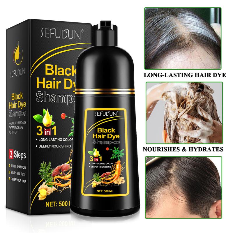 SEFUDUN 3-in-1 Black Hair Dye Shampoo - Quick Coloring, Cleansing, and Care, for Women Men (Black)