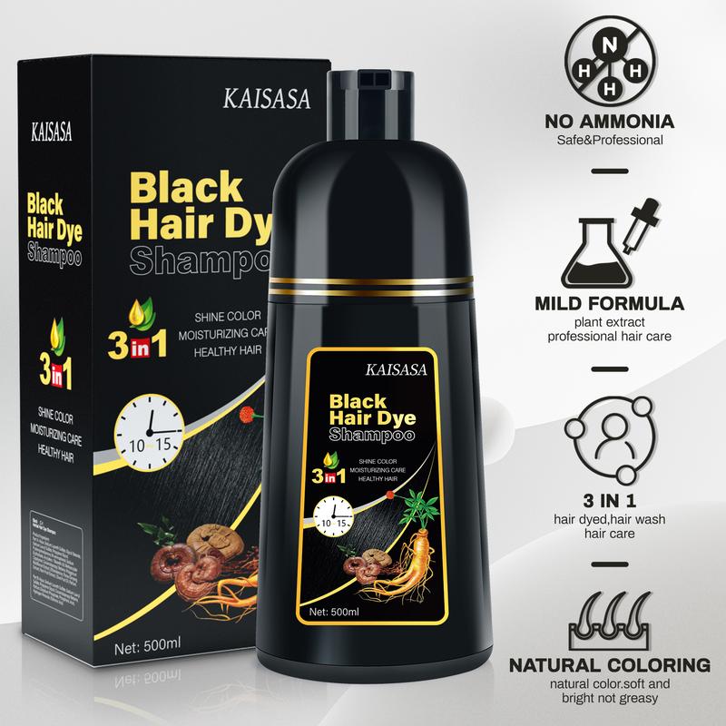 KAISASA Black Hair Dye Shampoo 3 in 1,Can cover gray hairs,Herbal Ingredients,Contains Ginseng Extract,Natural Haircoloring, Plant Haircare