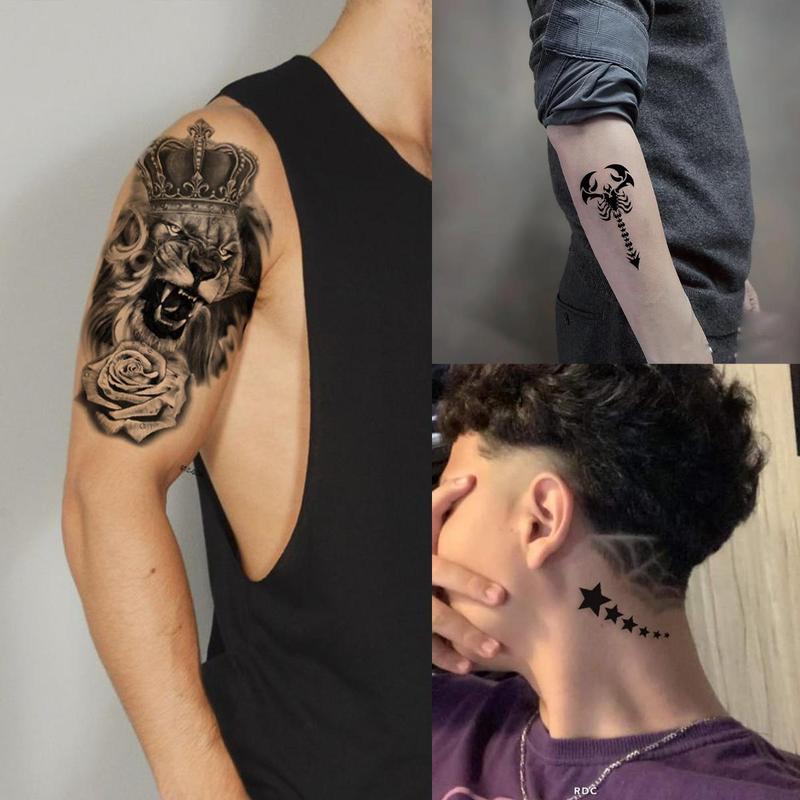 36 Sheets Realistic Skull Tiger Wolf Lion Temporary Tattoos For Women Men Arm Sleeve, 3D Halloween Temp Tattoos Adults Compass Black Rose Flower, Bulk Fake Tattoos That Look Real And Last Long