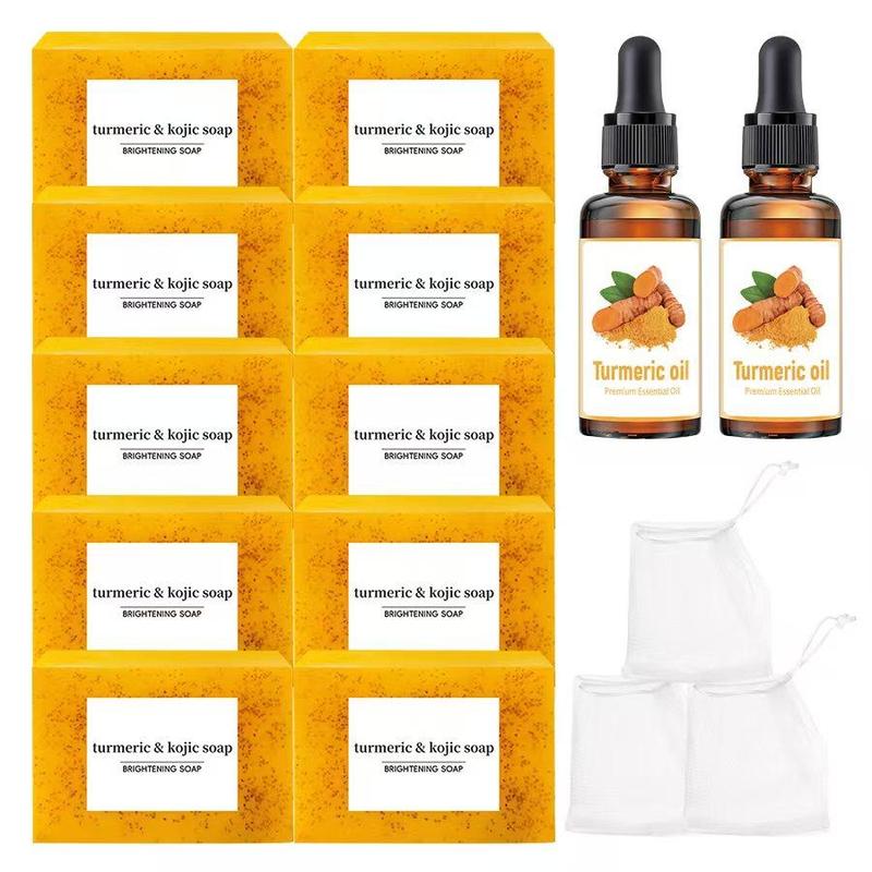 Turmeric Skin Care Kit, 1 Set Care Kit with 10 Soap Bars & 2 Essential Oils & 3 Bags, Daily Skin Care Sets for Women & Men, All Skin Types Skin Care Kit