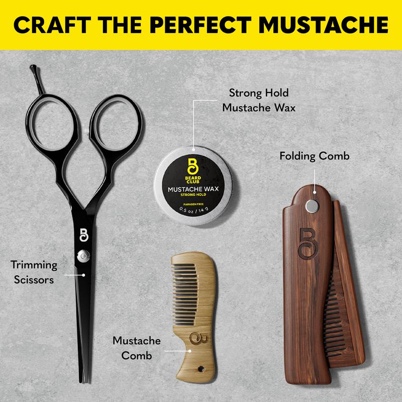 Mustache Care Gift Kit - Beard Club - Gift Wrap Included - Mustache Wax with Essential Oils, Coconut Oil, & Shea Butter Plus Trimming Scissors, Mustache & Folding Combs Gift