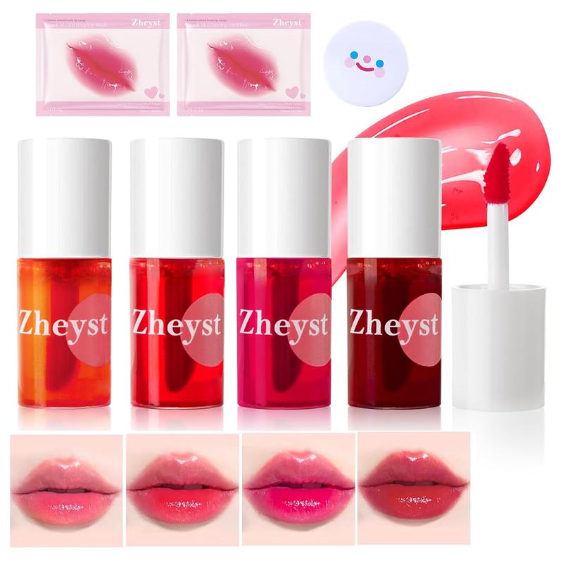 Lip Tint Korean Stain Set, 4 Colors Tinta Para Labios Waterproof Long Lasting Plumping Lip & Cheek Tint Moisturizing Non-sticky Easy Apply Mini Water Lipstick(Apple& Strawberry& Watermelon& Cherry)