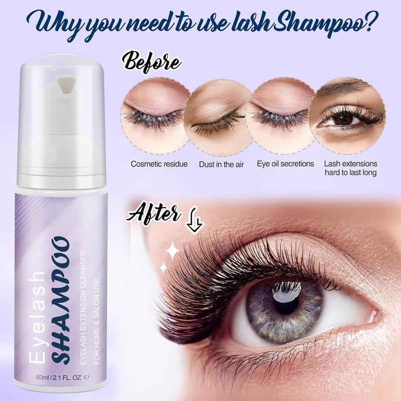 Lash Shampoo Kit Lash Cleaning - Lash Wash Cleaning Kit with Fan for Cluster Lash Eyelash Extensions False Lash, Lash Bath, Lash , Lash Soap, Lash Care, Wash Bottle, Sulfate & Oil Free, 60ml