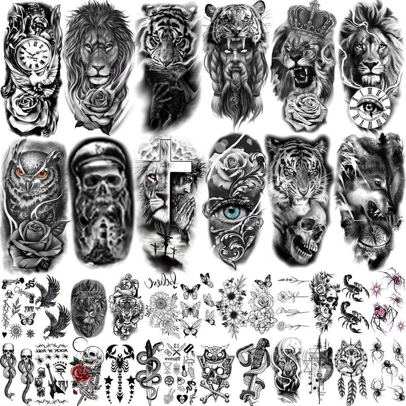 36 Sheets Realistic Skull Tiger Wolf Lion Temporary Tattoos For Women Men Arm Sleeve, 3D Halloween Temp Tattoos Adults Compass Black Rose Flower, Bulk Fake Tattoos That Look Real And Last Long