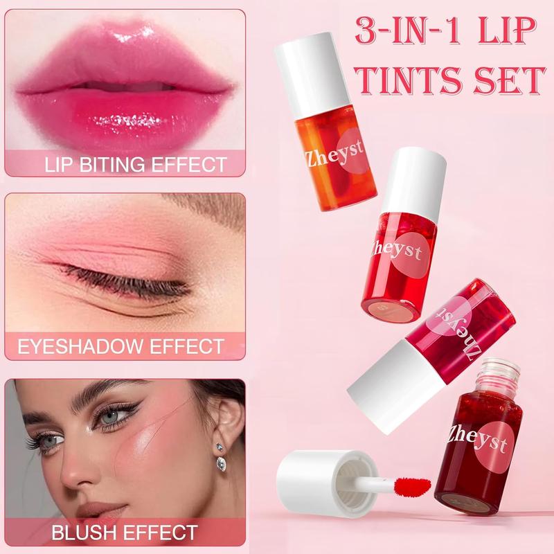 Lip Tint Korean Stain Set, 4 Colors Tinta Para Labios Waterproof Long Lasting Plumping Lip & Cheek Tint Moisturizing Non-sticky Easy Apply Mini Water Lipstick(Apple& Strawberry& Watermelon& Cherry)