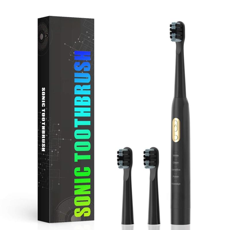 Adult Sonic Toothbrush, 3 Brush Heads, 5 Modes Waterproof, Battery Electric Toothbrush Built-in 2 Minute Timer 40,000 VPM Black