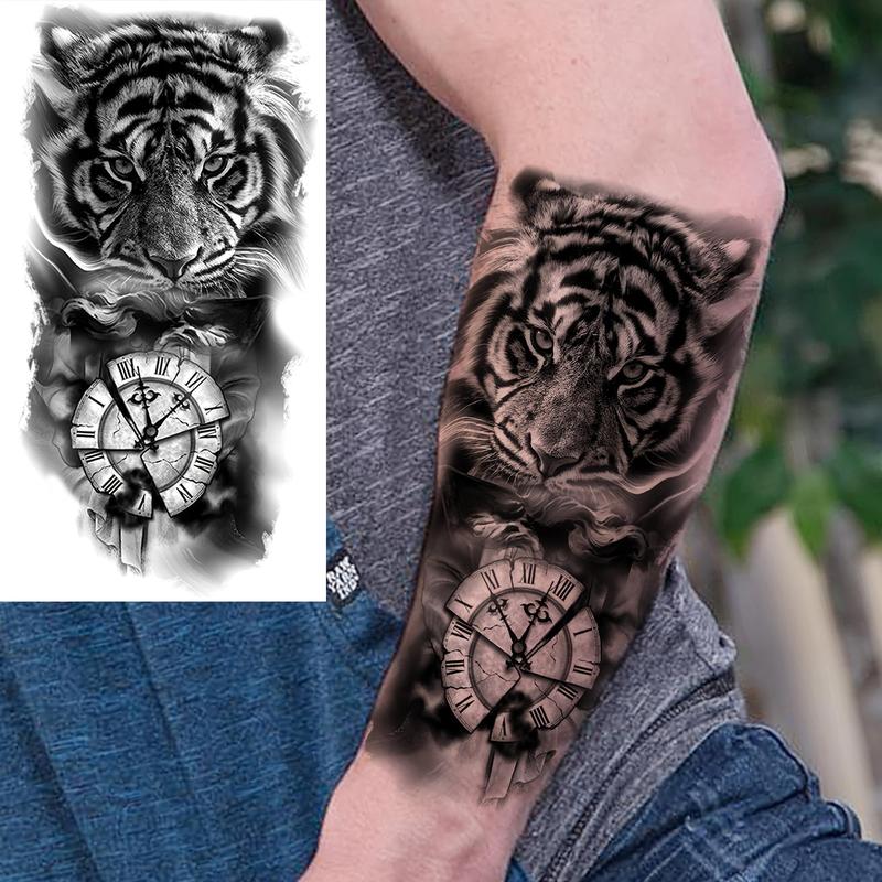 36 Sheets Realistic Skull Tiger Wolf Lion Temporary Tattoos For Women Men Arm Sleeve, 3D Halloween Temp Tattoos Adults Compass Black Rose Flower, Bulk Fake Tattoos That Look Real And Last Long