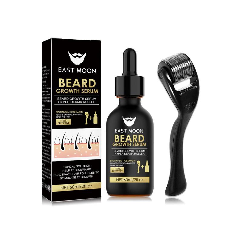 EAST MOON Beard Serum & Beard Massage Derma Roller, 2 Counts Beard Care Set for Strengthening Beard, Beard Care Product & Tool for Men, Comfort Hair Care Supplies,  Back To School, Deals for You Days